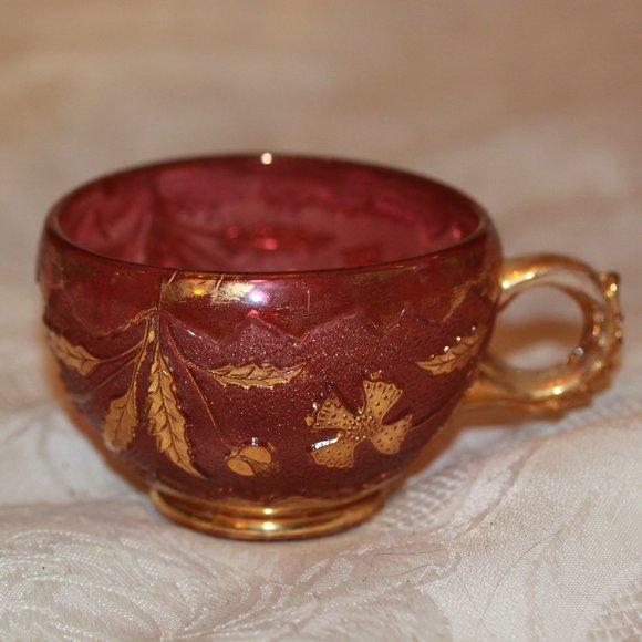 Vintage Red Cranberry and Gold Hand Painted Raised Detail Glass Tea Cup - Picture 1 of 3
